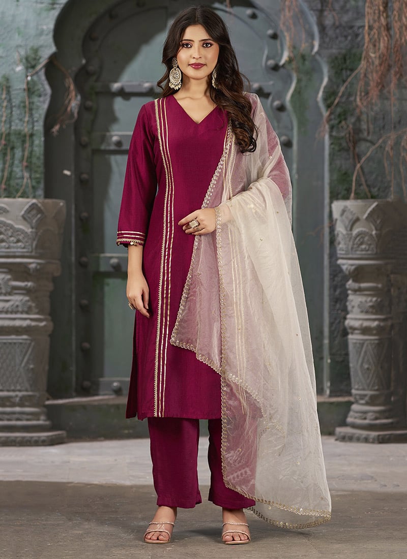 Beautifully Embroidered Wine Silk Straight Pant Suit With Lace Festive Wear