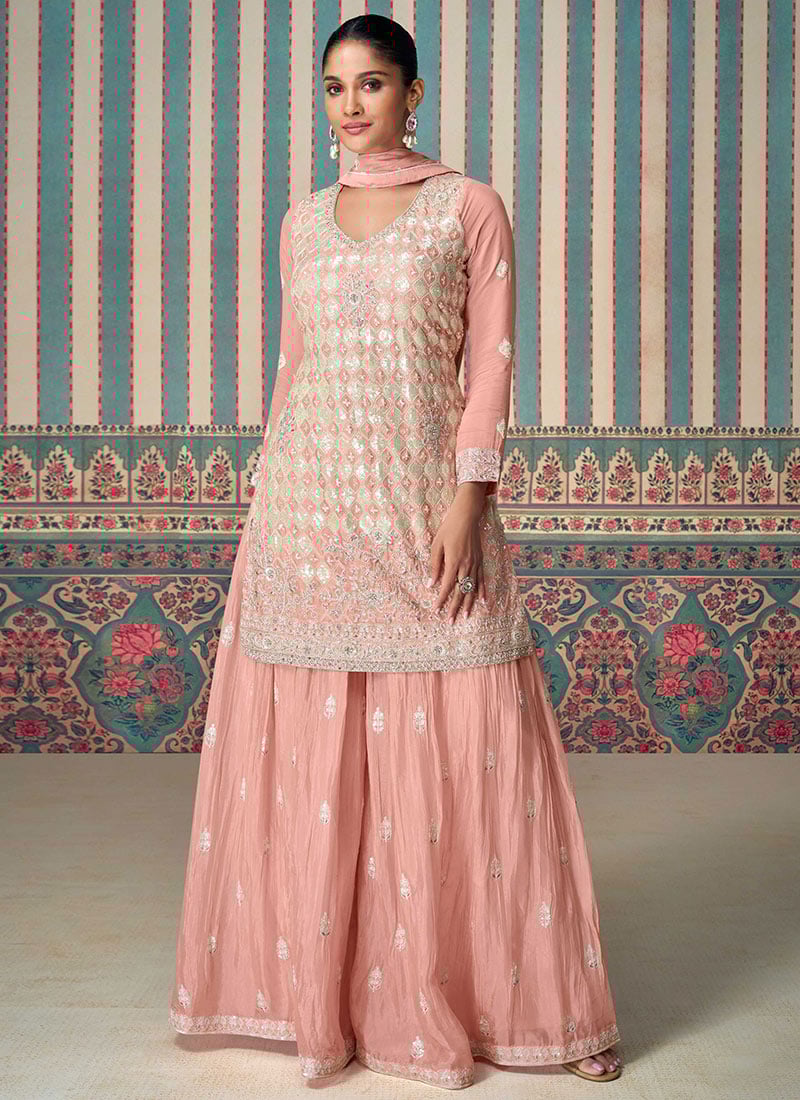 Beauty In Light Pink Chinnon Silk Embroidered Sequins Palazzo Suit Festive Wear