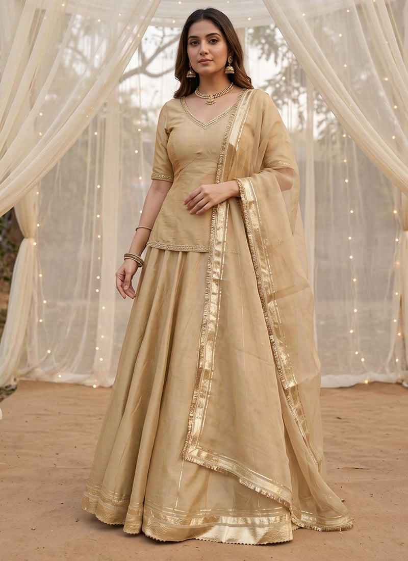 Beige Aari Zari Gota Vichitra Silk Long Choli Lehenga Festive Wear