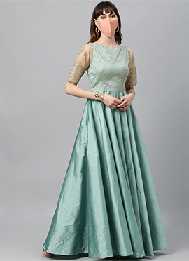 Beige and Wasabi Green Contrast Embroidered Gown