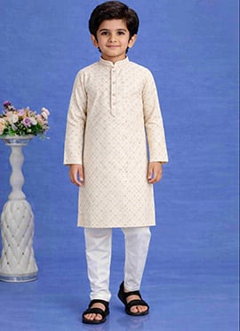 Beige and Yellow Cotton Printed Kurta Pyjama Set