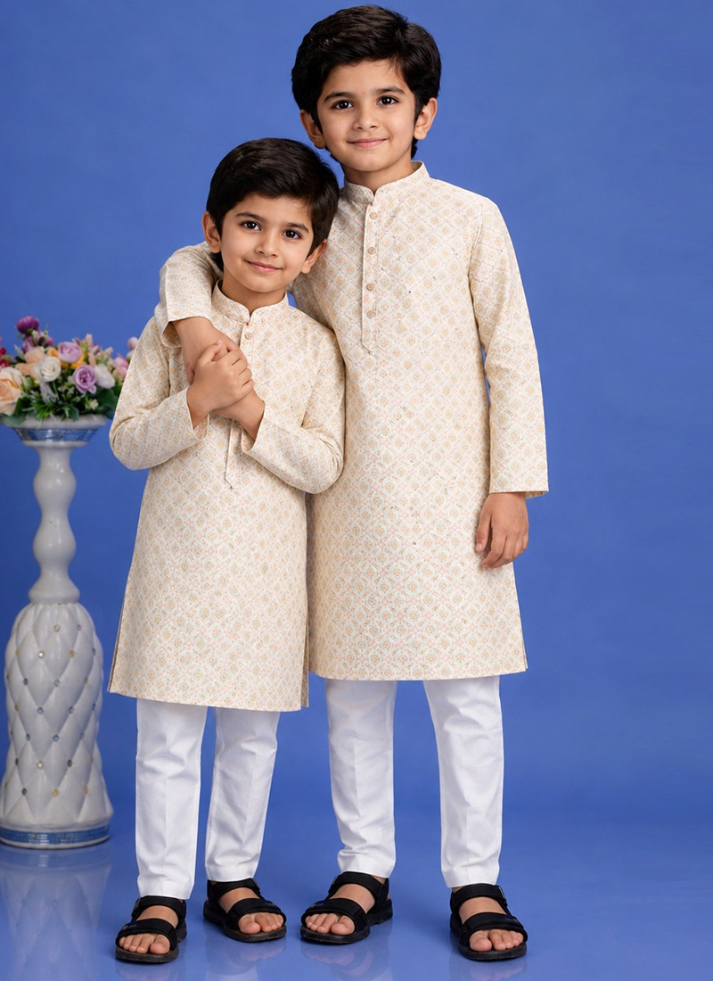 Beige and Yellow Cotton Printed Kurta Pyjama Set