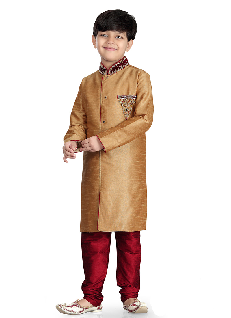 Beige Art Dupion Silk Kids Kurta Pyjama