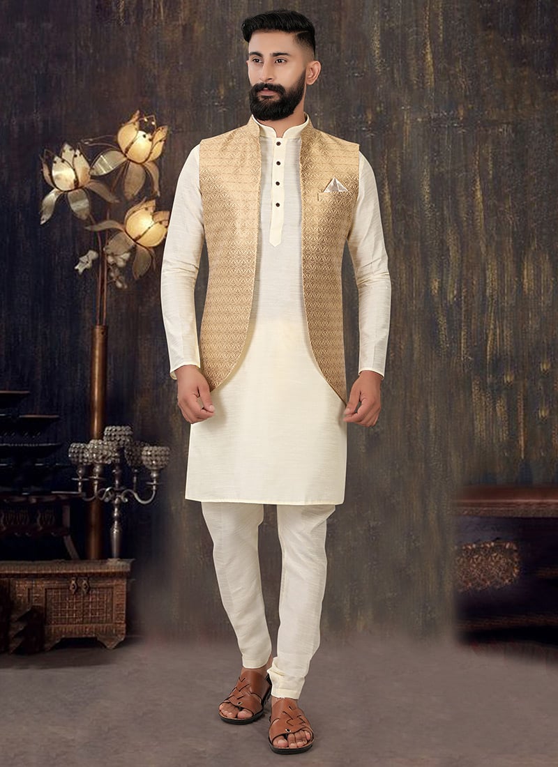 Beige Art Silk Brocade Bandi Set Party Wear