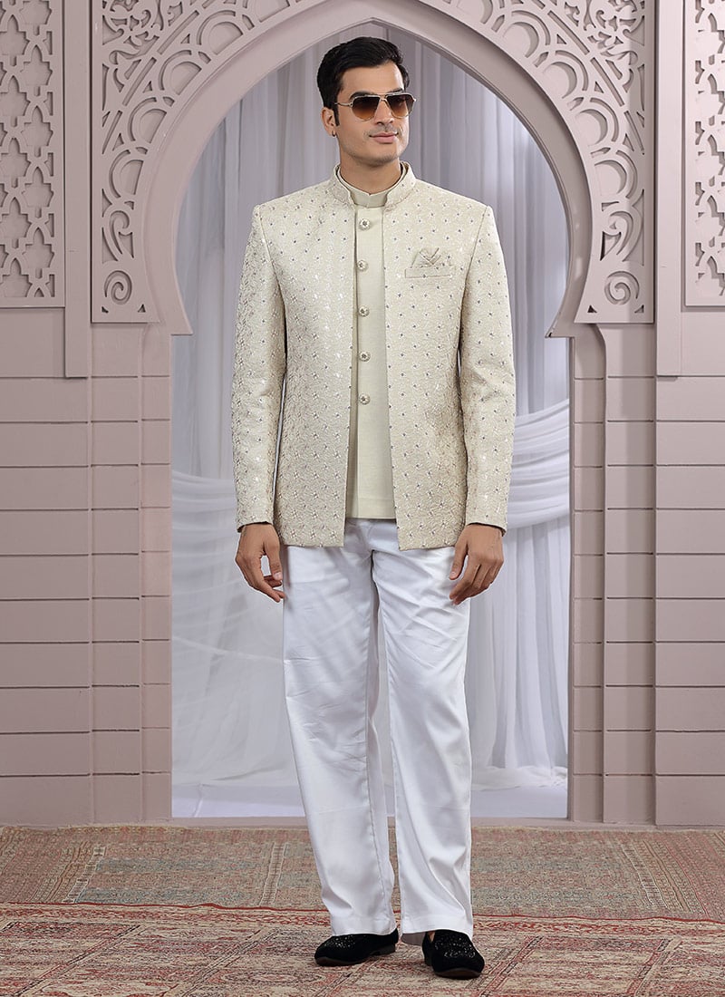 Beige Art Silk Embroidered Sequins Blazer