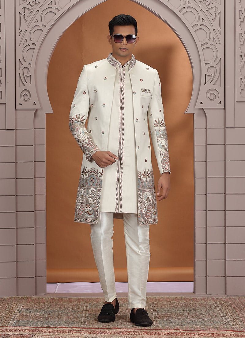 Beige Art Silk Embroidered Sequins Zari Indowestern Sherwani Wedding Wear