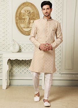 Beige Art Silk Embroidery Indowestern Sherwani