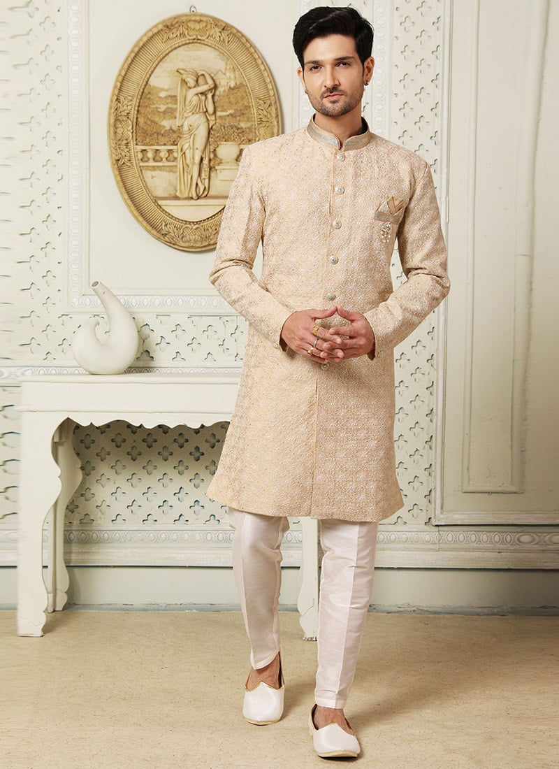 Beige Art Silk Embroidery Indowestern Sherwani