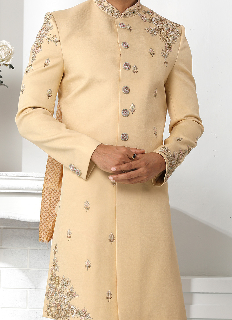 Pre Order: Beige Floral Hand painted Sherwani And Pant main image 0