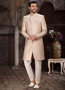 Beige Art Silk Jacquard Indowestern Sherwani
