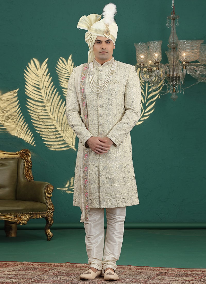 Beige Art Silk Sequins Thread Hand Embroidered Indowestern Sherwani Wedding Wear