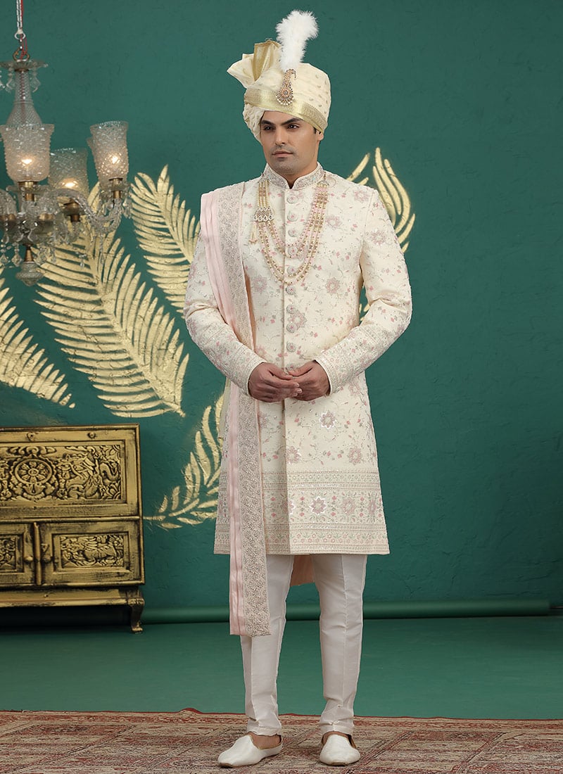 Beige Art Silk Sequins Thread Hand Embroidered Indowestern Sherwani Wedding Wear
