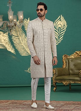 Beige Art Silk Sequins Thread Hand Embroidered Indowestern Sherwani Wedding Wear