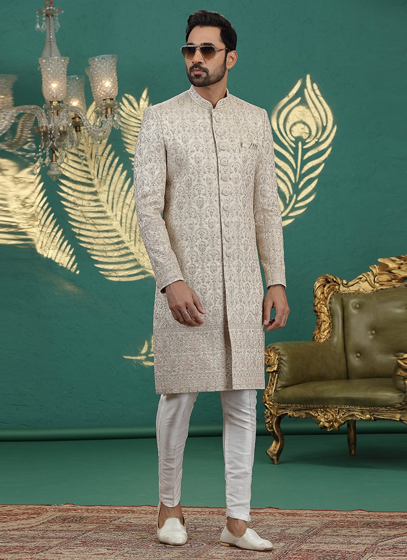 Beige Art Silk Sequins Thread Hand Embroidered Indowestern Sherwani Wedding Wear