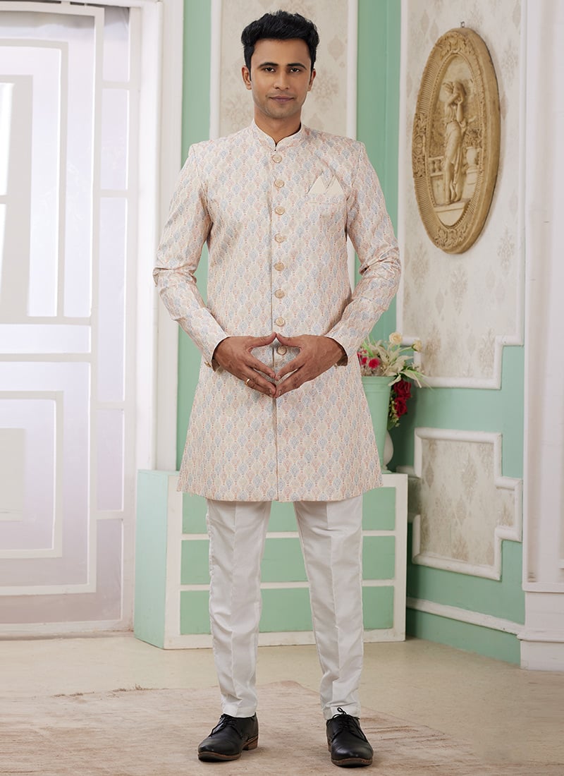 Beige Banarasi Jacquard Digital Print Indowestern Sherwani Festive Wear
