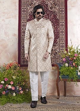 Beige Banarasi Jacquard Indowestern Sherwani