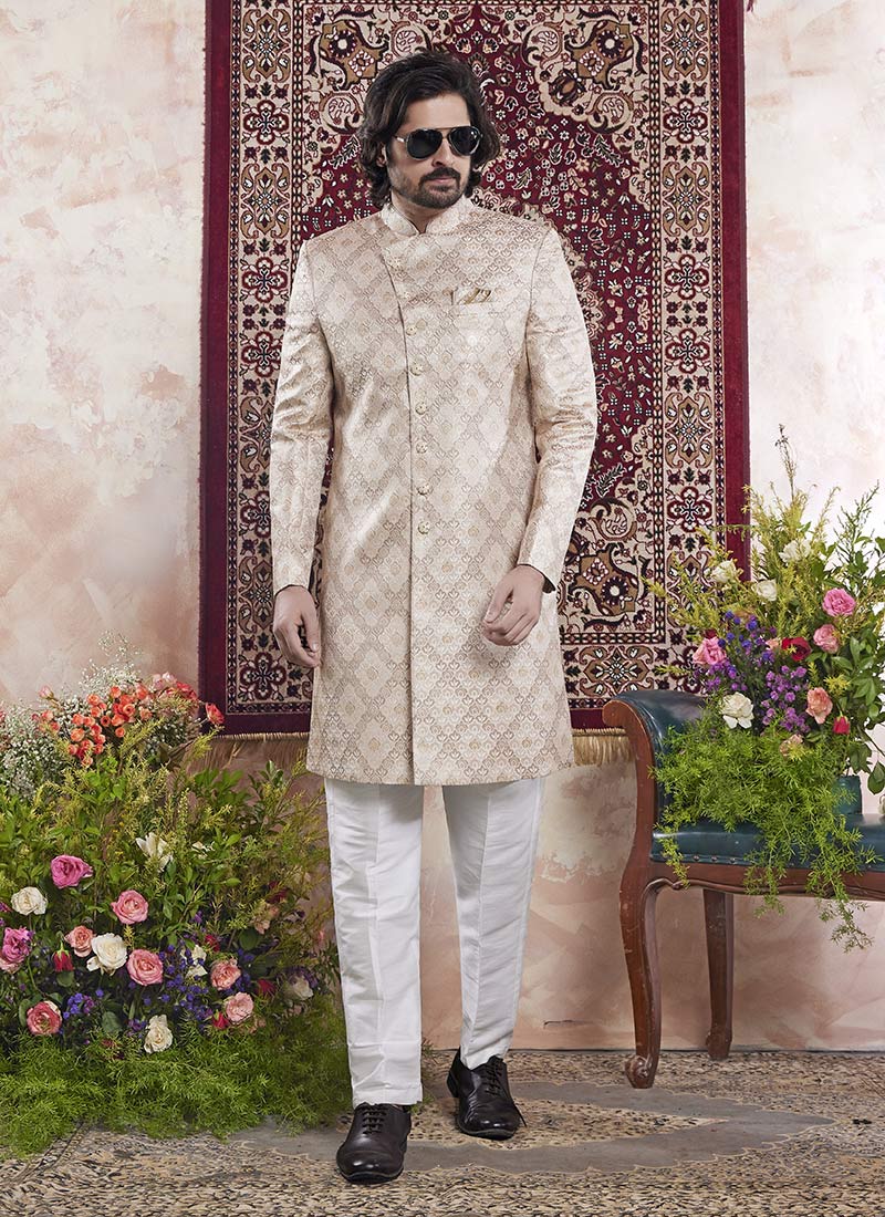 Beige Banarasi Jacquard Indowestern Sherwani Wedding Wear