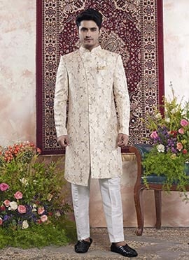 Beige Banarasi Jacquard Indowestern Sherwani
