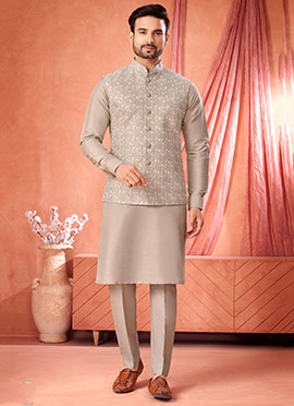 Beige Banarasi Silk Embroidered Sequins Thread Bandi Set