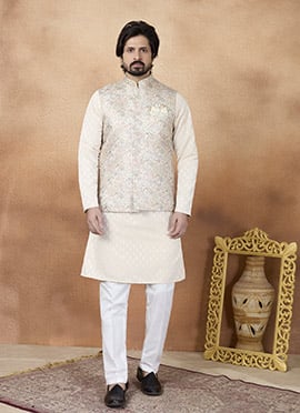 Beige Banarasi Silk Jacquard Print Badi Set