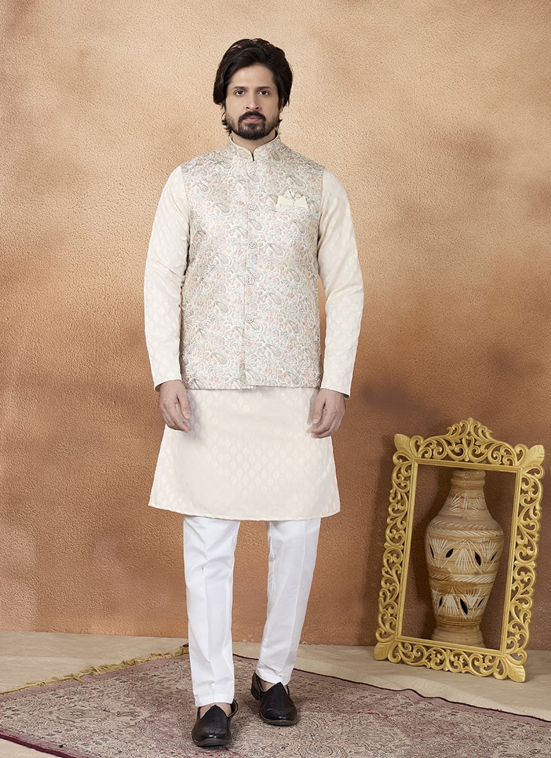 Beige Banarasi Silk Jacquard Print Badi Set Festive Wear