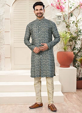 Beige Banarasi Silk Jacquard Printed Indowestern Sherwani