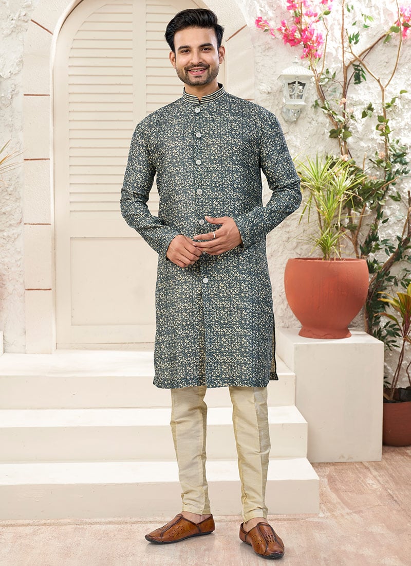 Beige Banarasi Silk Jacquard Printed Indowestern Sherwani Wedding Wear