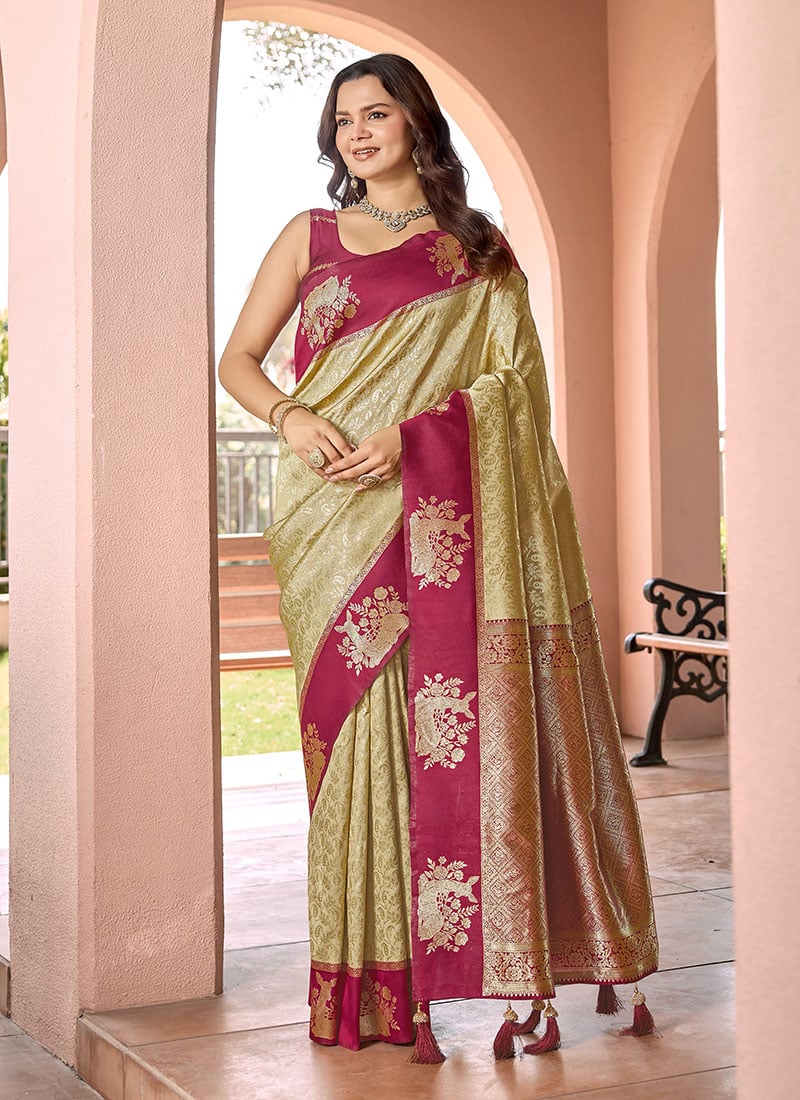 Beige Banarasi Silk Jacquard Woven Saree Festive Wear