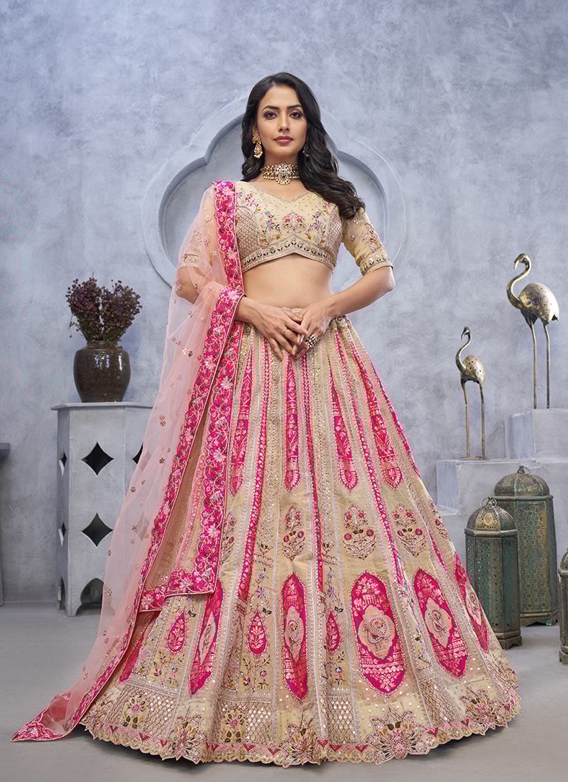 Beige Banarasi Silk Lehenga With Zari Embroidered Stone Sequins For Traditional Glamour