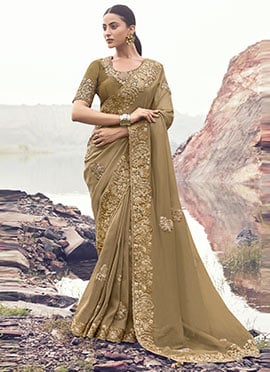 Beige Banarasi Silk Sequins Embroidered Stones Jacquard Thread Saree