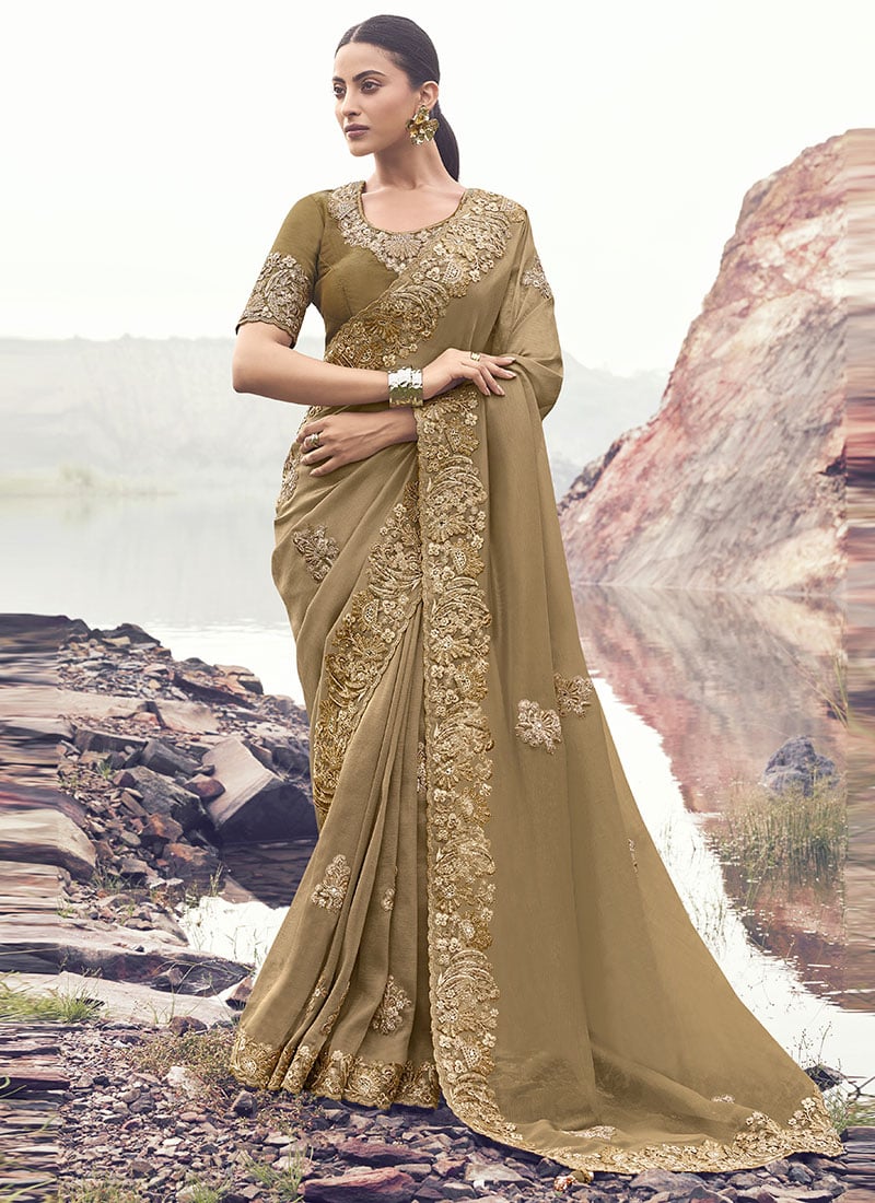 Beige Banarasi Silk Sequins Embroidered Stones Jacquard Thread Saree Festive Wear