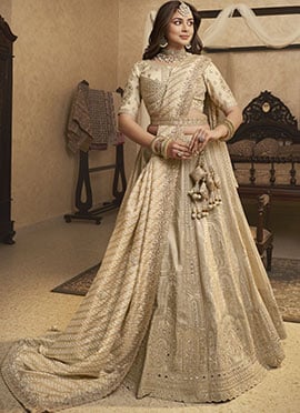 Beige Banarasi Silk Zari Embroidered Sequins With Stone Work Lehenga