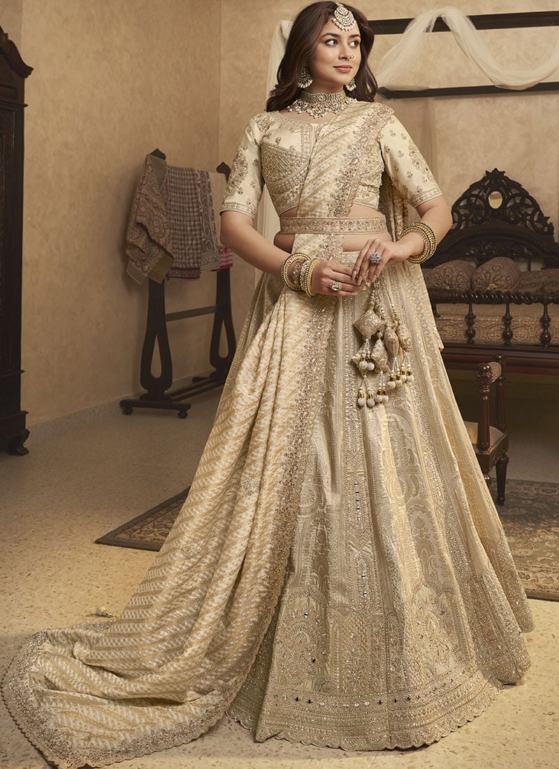 Beige Banarasi Silk Zari Embroidered Sequins With Stone Work Lehenga Wedding Wear