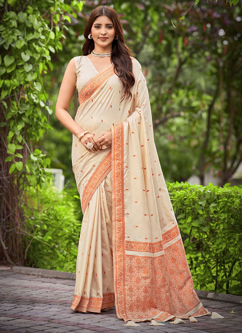 Beige Banarasi Silk Zari Woven Classy Saree Festive Wear