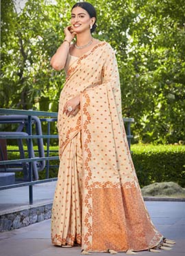 Beige Banarasi Silk Zari Woven Elegant Saree