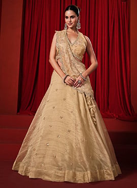 Beige Banarasi Viscose Embroidered Sequins With Stone Work Lehenga