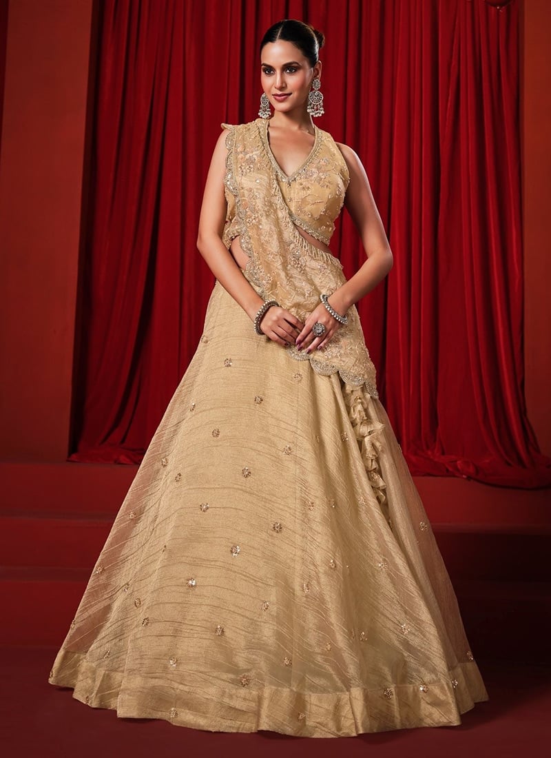 Beige Banarasi Viscose Embroidered Sequins With Stone Work Lehenga After Six Wear