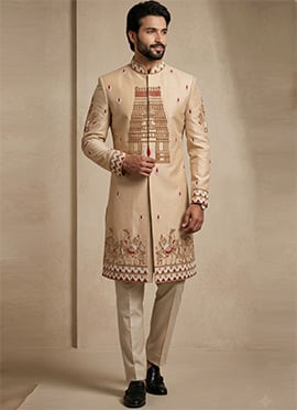 Beige Beaded Silk Indowestern Sherwani
