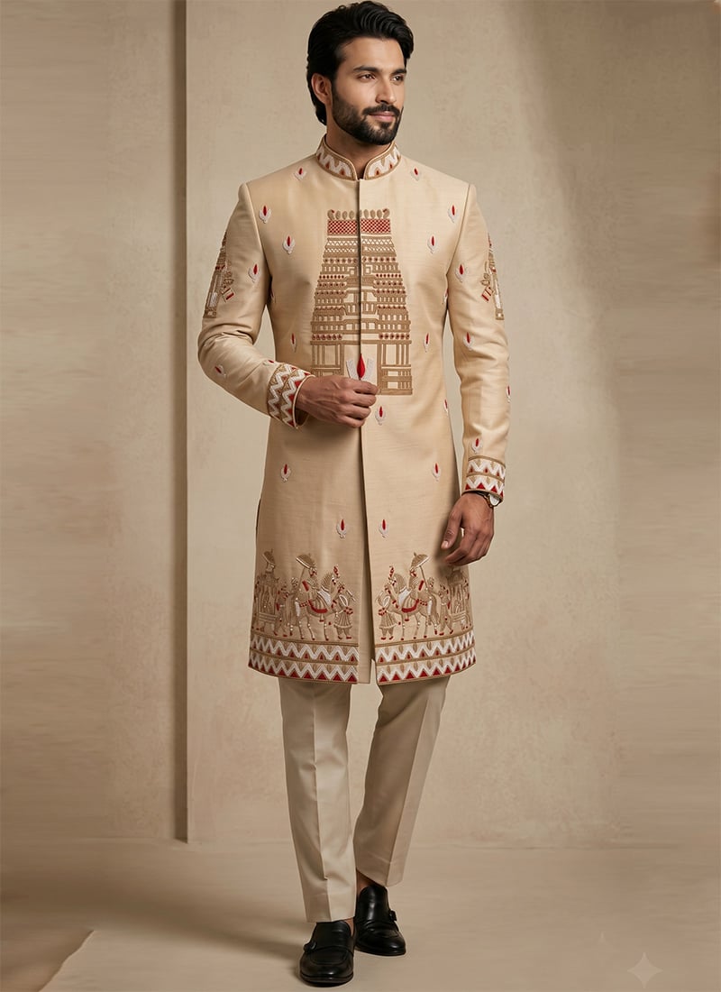 Beige Beaded Silk Indowestern Sherwani Wedding Wear