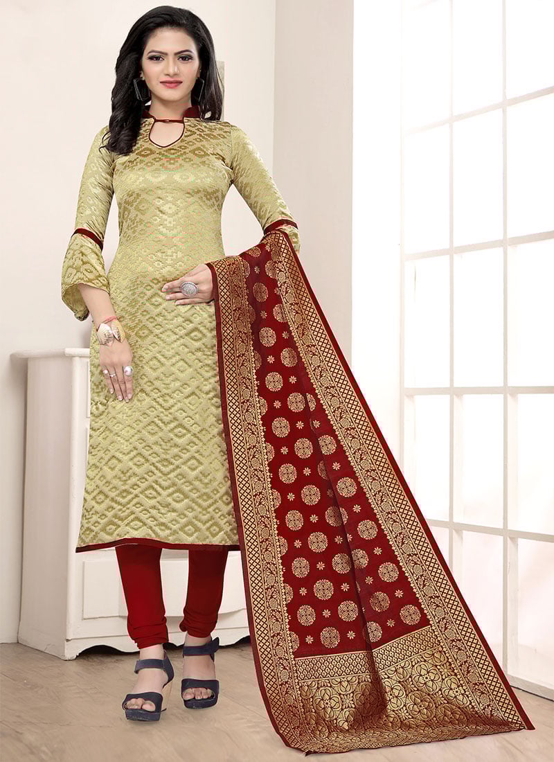 Beige Benarasi Art Silk Churidar Suit