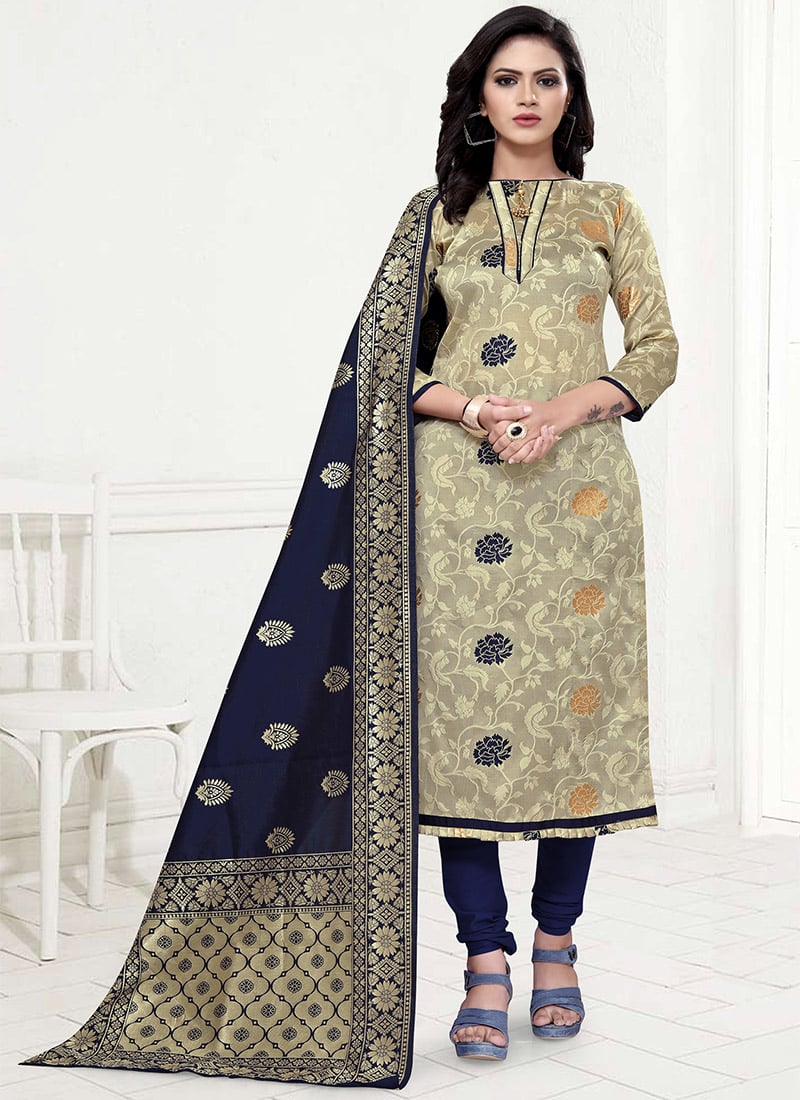 Beige Benarasi Art Silk Churidar Suit