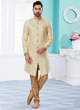 Beige Benarasi Jacquard Embroidered Classic Sherwani