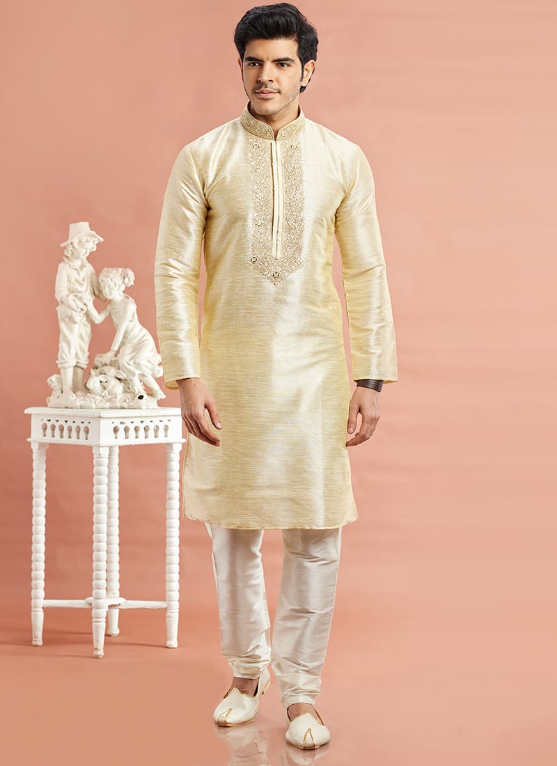 Beige Benarasi Silk Thread Embroidered Kurta Pyjama
