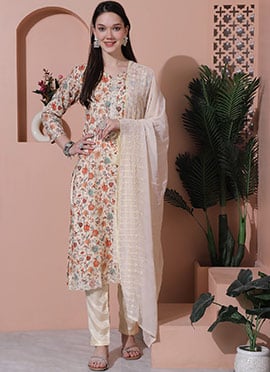 Beige Blended Cotton Digital Print Straight Pant Suit