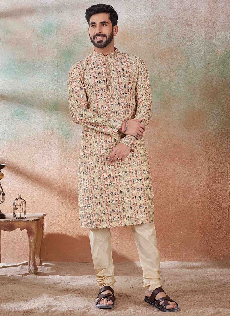 Beige Blended Cotton Embroidered Printed Sequins Kurta Pyjama Festive Wear
