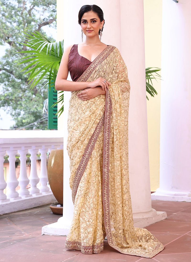 Beige Brasso Border Embroidered Lace Work Saree After Six Wear