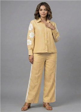 Beige Buttercream Bloom Rayon Cotton Co Ord Set