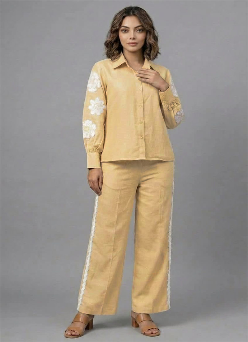 Beige Buttercream Bloom Rayon Cotton Co Ord Set After Six Wear