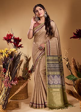 Beige Butti Tussar Silk Jacquard Zari Saree