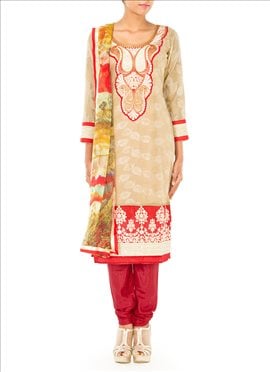 Beige Chanderi Cotton Straight Suit